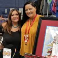 Joanne Brings Thunder, artist, with Becky Olvera Schultz at Montana State University Powwow, Bozeman.